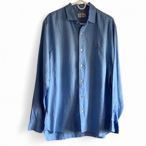 Psycho Bunny Men's Blue Long-Sleeve Button-Down Shirt 100% linen